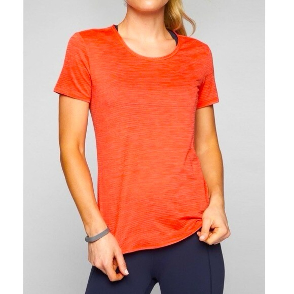 Athleta Shadow Stripe Chi Tee. Orange Short Sleeve Active Scoop. Size XS